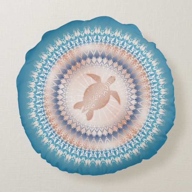 Roze Goud Turquoise Schildpad Mandala | Kust Rond Kussen (Achterkant)