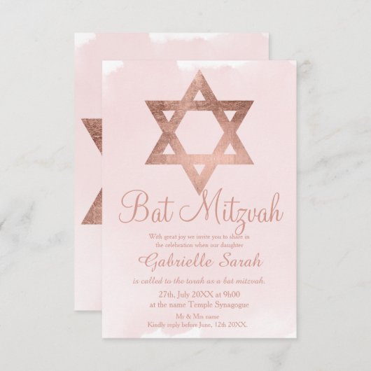 Roze goud typografie blush roze Bat Mitzvah Kaart (Voorkant / Achterkant)