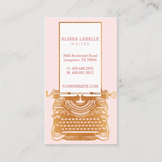 Roze & Goud Underwood Typewriter Monogram Visitekaartje (Voorkant)