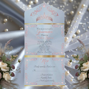 Roze Goud Vintage Rand Quinceanera - Pastelblauw All In One Uitnodiging
