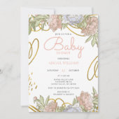 Roze Goud Waterverf Bloem en Groene Baby Shower Kaart (Voorkant)