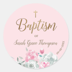 Roze Goud Waterverf bloemenbaby meisje doop Ronde Sticker