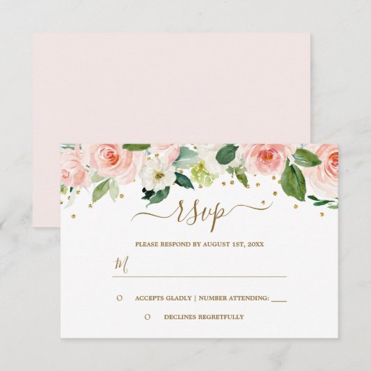 Roze Goud Waterverf Bloemig RSVP Kaartje (Voorkant / Achterkant)