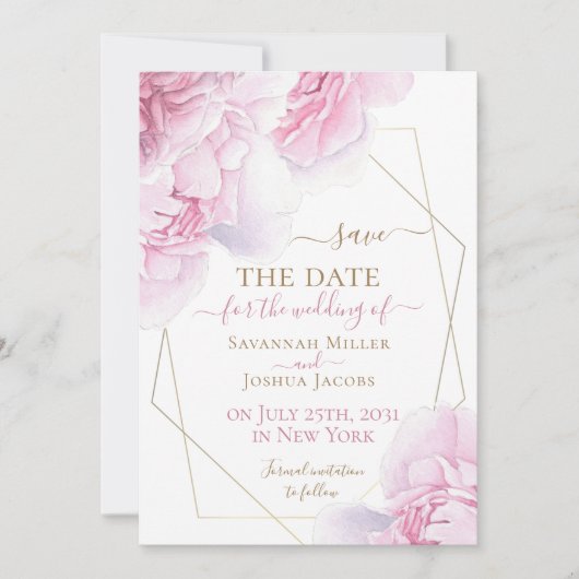 Roze goud waterverf florale pony behalve de datum save the date (Voorkant)