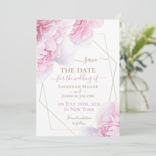 Roze goud waterverf florale pony behalve de datum save the date (Staand voorkant)