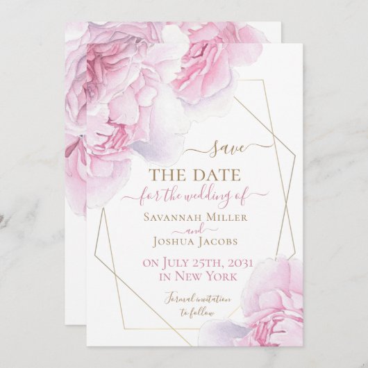 Roze goud waterverf florale pony behalve de datum save the date (Voorkant / Achterkant)