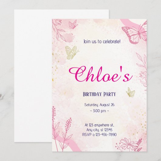 Roze Goud Waterverf Kaart (Voorkant / Achterkant)