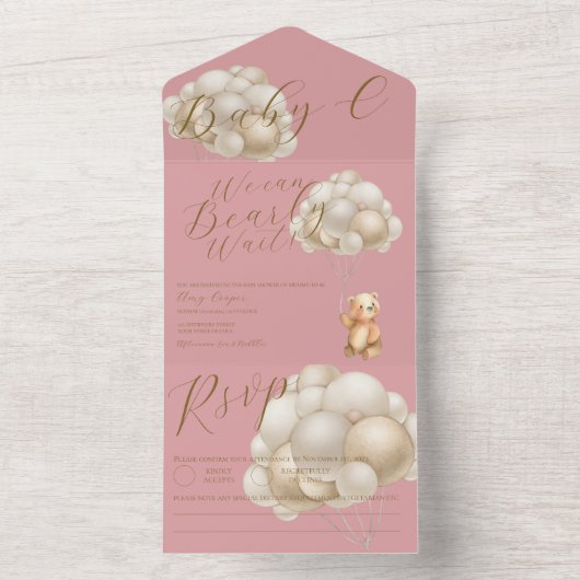 Roze Goud We kunnen bijna wachten Baby shower All In One Uitnodiging (Binnen)