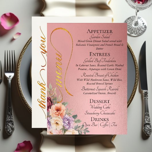 Roze Goud- Wilde Bloemen, Monogram & Dank Je Menu