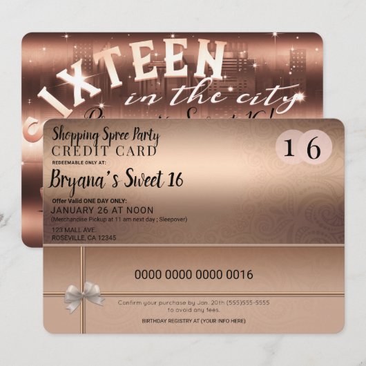 Roze Goud Winkelspree Stad Limo Zoete 16 Feest Kaart (Voorkant / Achterkant)