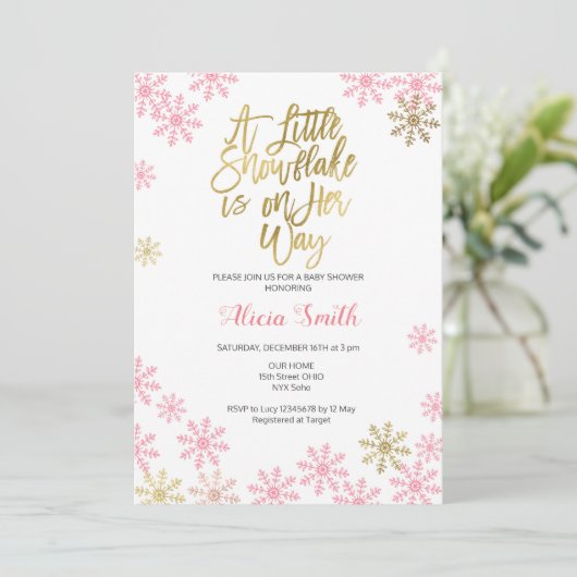 Roze Goud Winter Wonderland Meisje Baby shower Kaart (Staand voorkant)