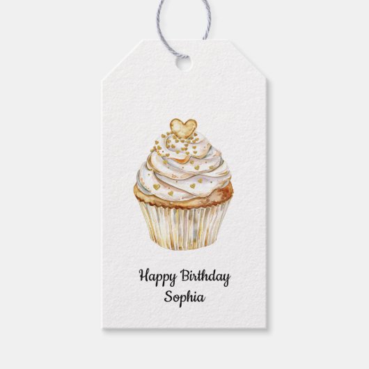 Roze Goud Wit Crème Hart Cupcake Verjaardag Cadeaulabel (Voorkant)