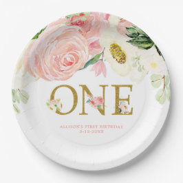 Roze goud wit eerste 1e verjaardag schattig bloeme papieren bordje