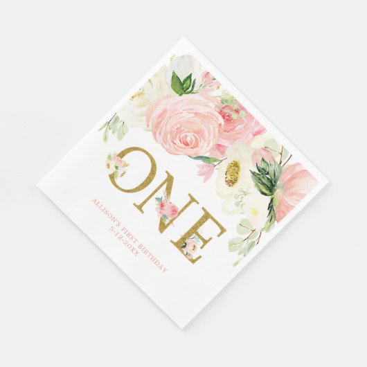 Roze goud wit eerste 1e verjaardag schattig bloeme servet (Hoek)