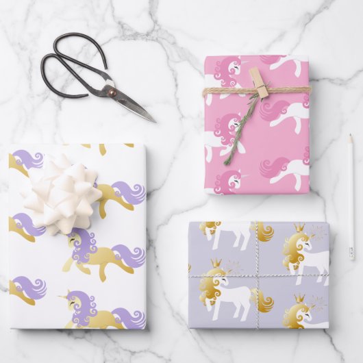 Roze Goud Wit Lavendel Paarse Eenhoorn Inpakpapier Vel (Voorkant)