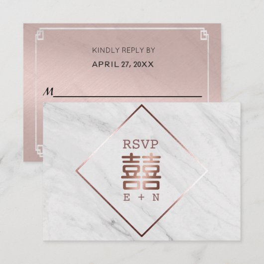 Roze Goud & Wit Marmer Chinees Huwelijk RSVP Kaartje (Voorkant / Achterkant)