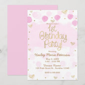 Roze Goud Wit Polka Dots & Hearts 1e Verjaardag Kaart (Voorkant / Achterkant)