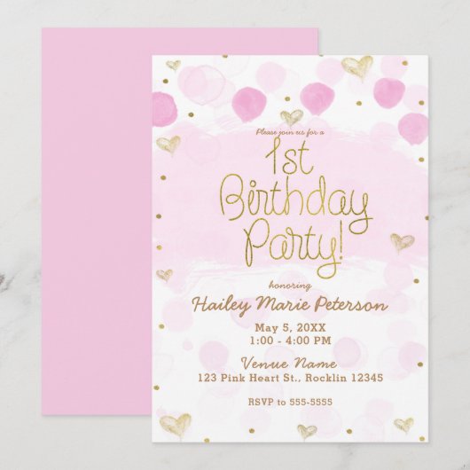 Roze Goud Wit Polka Dots & Hearts 1e Verjaardag Kaart (Voorkant / Achterkant)