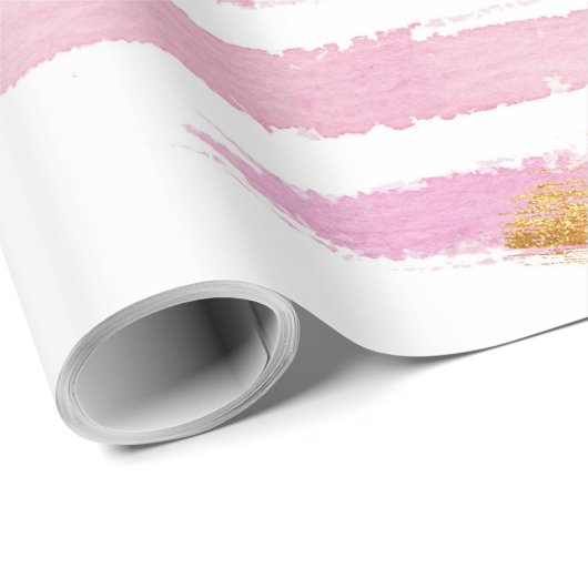 Roze Goud & Wit Waterverf Paint Stripes Patroon Cadeaupapier (Rol Hoek)