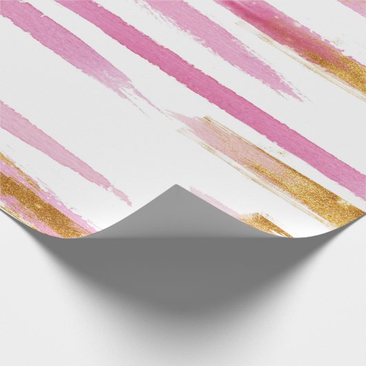 Roze Goud & Wit Waterverf Paint Stripes Patroon Cadeaupapier (Hoek)