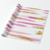Roze Goud & Wit Waterverf Paint Stripes Patroon Cadeaupapier (Uitgerold)
