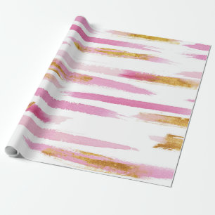 Roze Goud & Wit Waterverf Paint Stripes Patroon Cadeaupapier