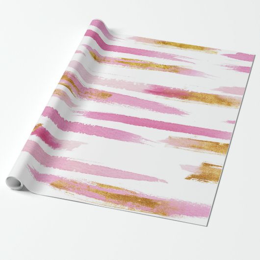 Roze Goud & Wit Waterverf Paint Stripes Patroon Cadeaupapier (Uitgerold)