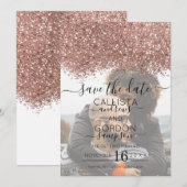 Roze Goud Witte Glitters Confetti Foto Bruiloft Save The Date (Voorkant / Achterkant)
