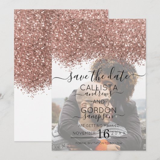 Roze Goud Witte Glitters Confetti Foto Bruiloft Save The Date (Voorkant / Achterkant)