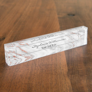 Roze Goud & Witte Marmer  Elegant Modern Naambordje