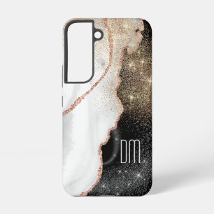 Roze Goud Witte Marmer Glitter Monogram Samsung Galaxy Hoesje