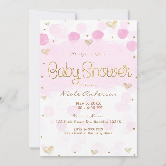 Roze Goud Witte Stippen & Harten Baby Shower Kaart (Voorkant)