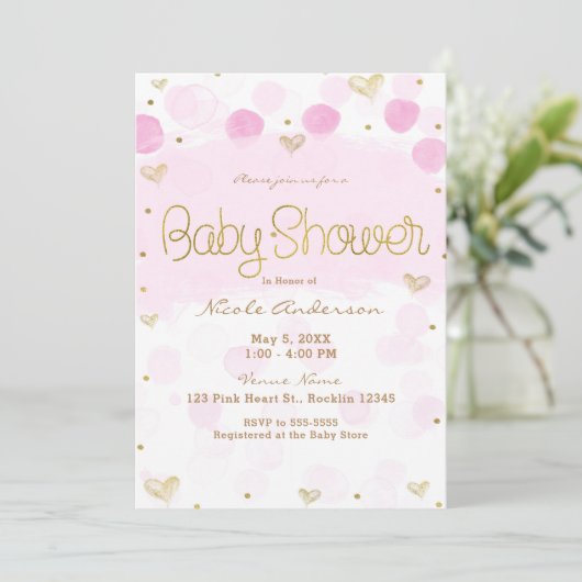Roze Goud Witte Stippen & Harten Baby Shower Kaart (Staand voorkant)