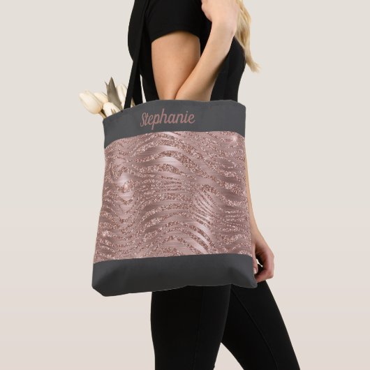Roze Goud Zebraprint Monogram Grijs Bruidsmeisje Tote Bag (Dichtbij)