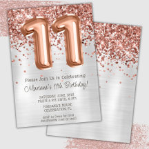 Roze Goud Zilver 11e Verjaardagsfeest Uitnodiging
