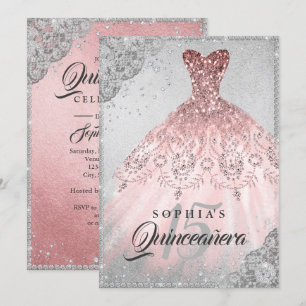 Roze Goud Zilver Diamant Glitter Jurk Quinceanera Kaart