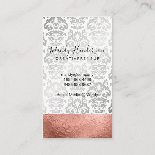 Roze Goud Zilver Folie Zilveren Metallic Damast Visitekaartje (Achterkant)