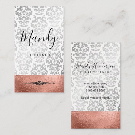 Roze Goud Zilver Folie Zilveren Metallic Damast Visitekaartje (Voorkant / Achterkant)