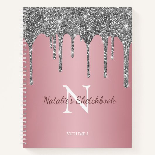 Roze Goud Zilver Glitter Druppels Monogram Schetsb Notitieboek (Voorkant)