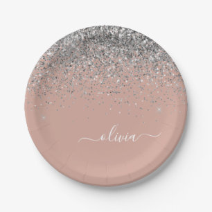 Roze Goud Zilver Glitter Monogram Papieren Bordje