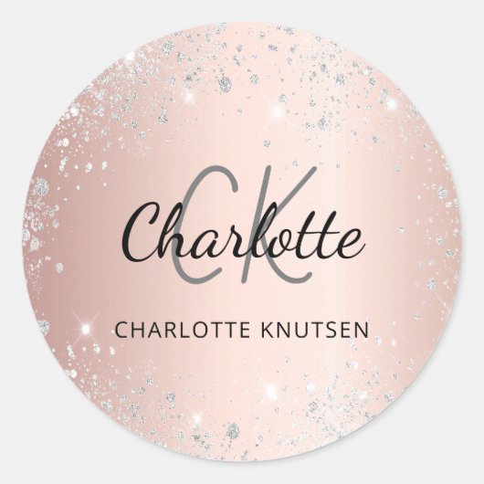 Roze goud zilver monogram naam ronde sticker (Voorkant)