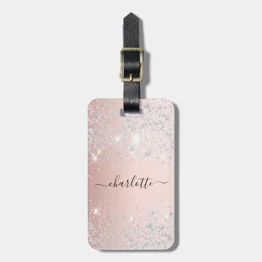 Roze goud zilveren naam script bagagelabel (Voorkant verticaal)