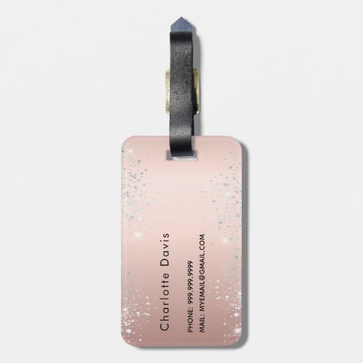 Roze goud zilveren naam script bagagelabel (Achterkant verticaal)