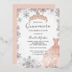 Roze Goud Zilveren Sneeuwvlok Winter Quinceanera Folie Uitnodiging