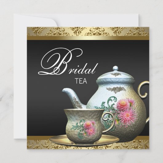 Roze Goud Zwart Damask Tea Cup Vrijgezellenfeest Kaart (Voorkant)