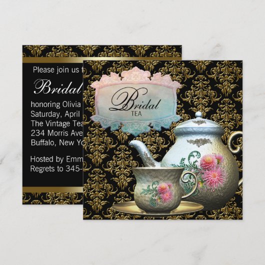 Roze Goud Zwart Damask Tea Cup Vrijgezellenfeest Kaart (Voorkant / Achterkant)