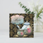 Roze Goud Zwart Damask Tea Cup Vrijgezellenfeest Kaart (Staand voorkant)