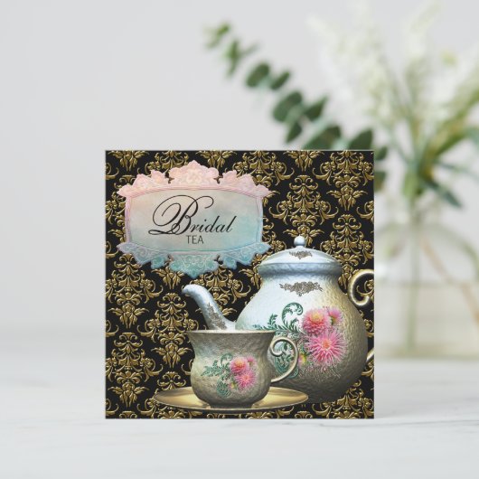 Roze Goud Zwart Damask Tea Cup Vrijgezellenfeest Kaart (Staand voorkant)