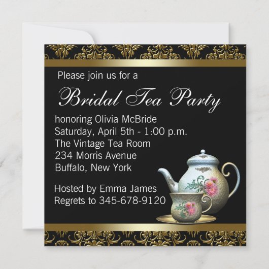 Roze Goud Zwart Damask Tea Cup Vrijgezellenfeest Kaart (Achterkant)