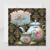 Roze Goud Zwart Damask Tea Cup Vrijgezellenfeest Kaart (Voorkant)
